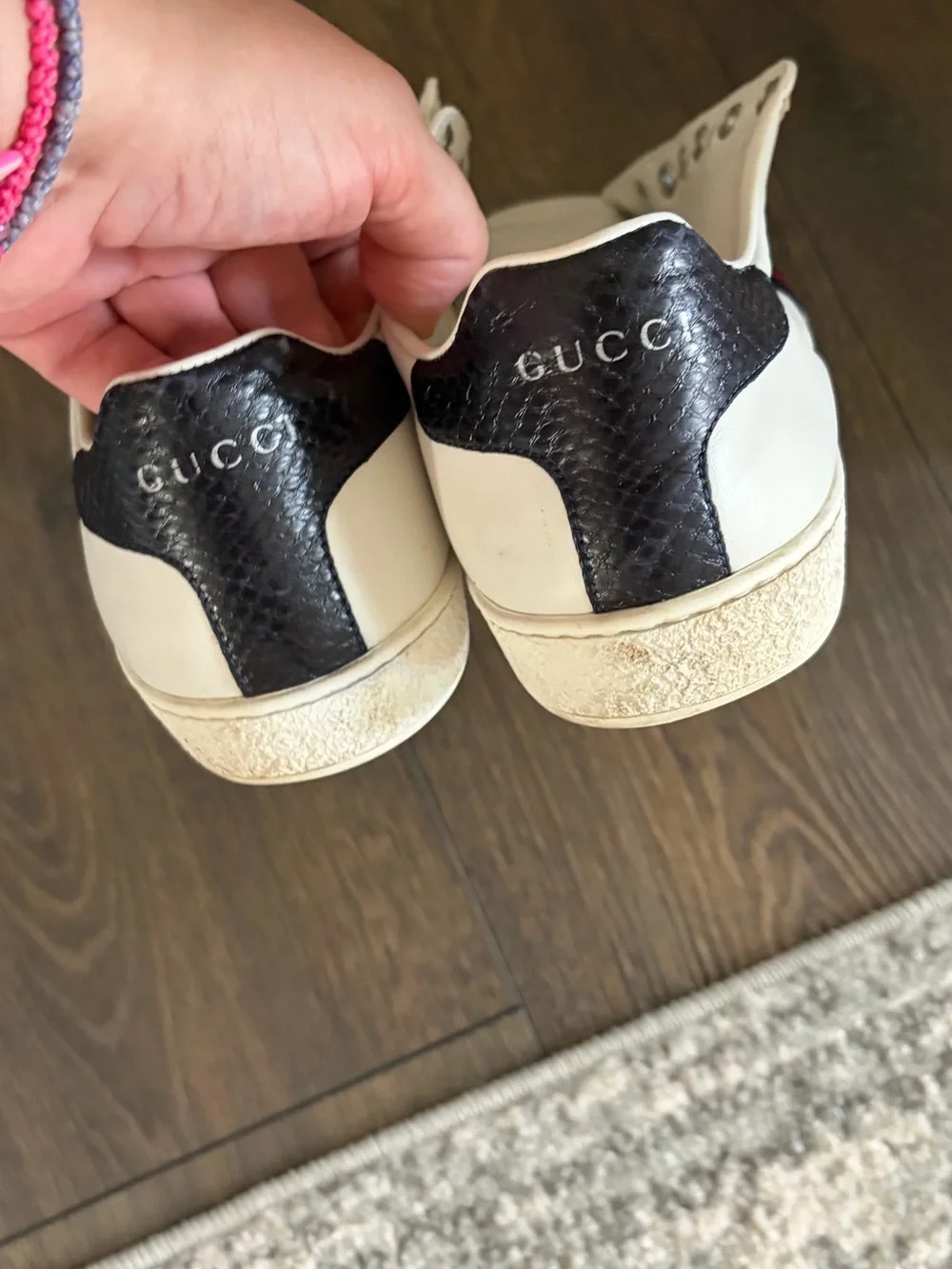 Gucci White Leather Sneaker with Navy & Red Stripe-will include laces